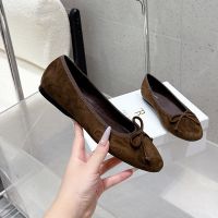 The Row Bowknot Ballerina Flats Women Suede Coffee