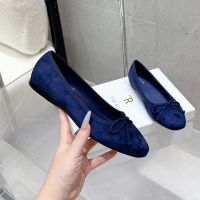 The Row Bowknot Ballerina Flats Women Suede Navy Blue