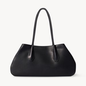 The Row Alger Shoulder Bag in Polished Saddle Leather Black